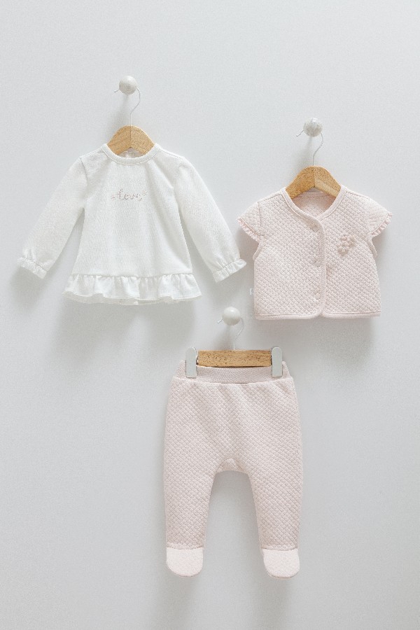 KIZ YELEKLİ ÜÇLÜ TAKIM PEMBE